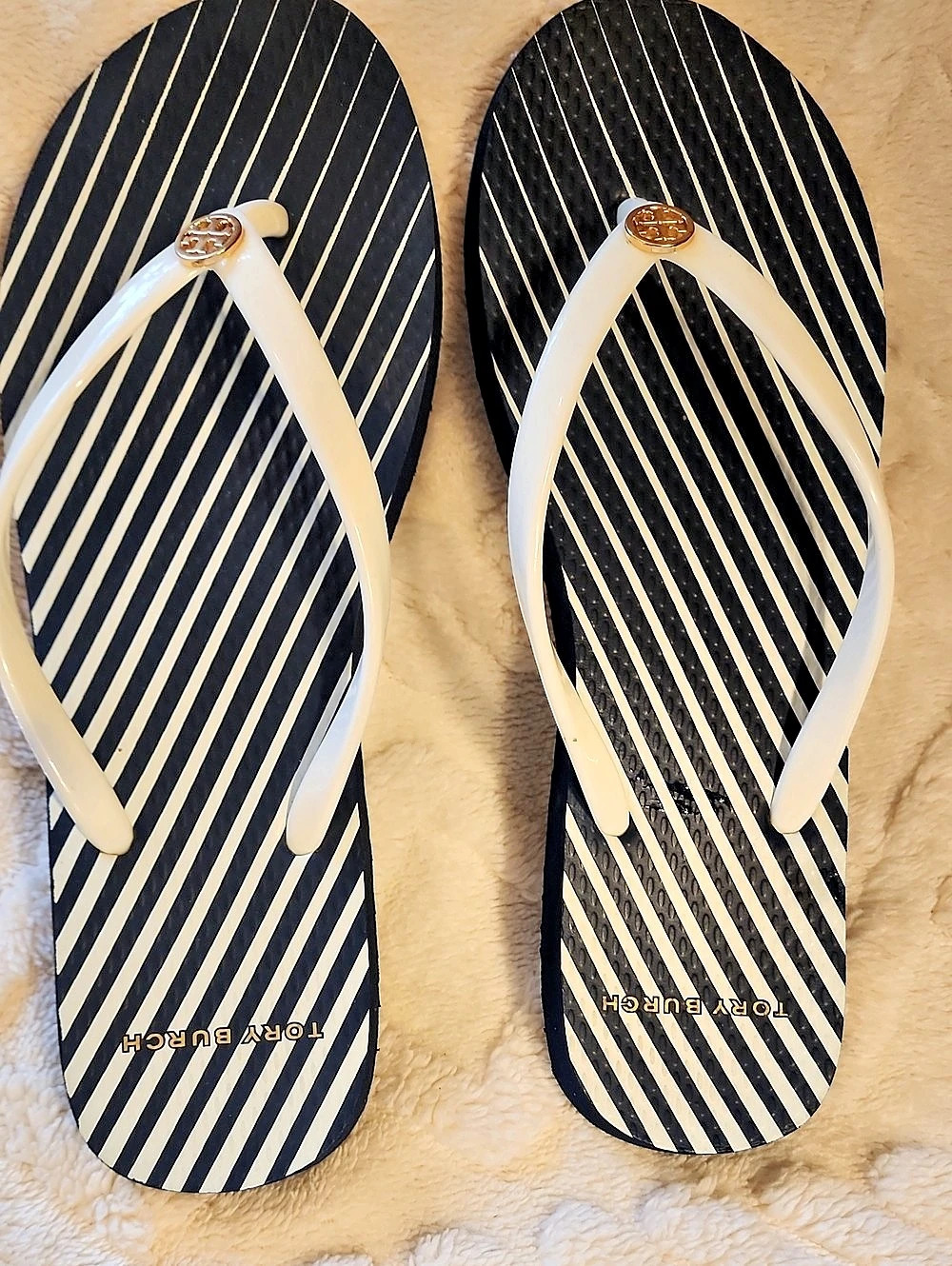 Tory Burch Striped Flip Flops in Black & White